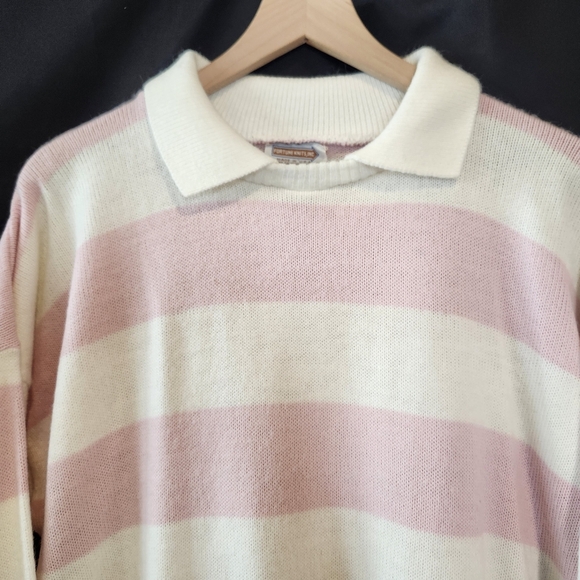 VTG‎ Fortune Knits Collared Sweater Size XL Pink Cream Stripe Crew Preppy Retro - Picture 4 of 5